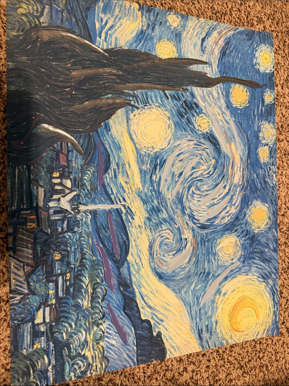 Starry Night Style Wall Art Print in Blue and Yellow
